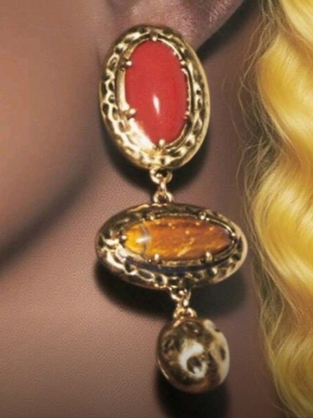 Zara Gold-Tone Drop Earrings with Red and Brown Stones
